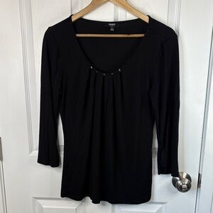 Premise L Elegant Black 3/4 Sleeve Top with Gold Bead Neck Detail